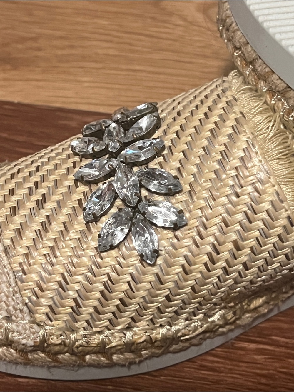 Crown Vintage Tan Raffia Espadrille Sandals with Crystal Leaf Accent - Picture 8 of 9